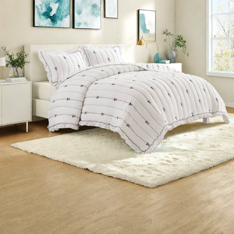 Soft Microfiber Bedding Sets, Full Queen Bow Embroidered Modern Home