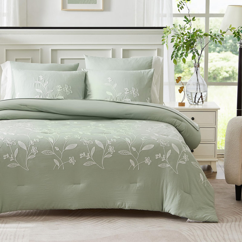 Ensemble de literie 3 pièces FineStichery, Édredon double + 2 taies d'oreiller, Vert sauge / floral