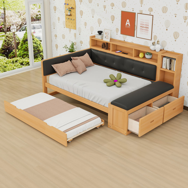 Full Wood Daybed with Trundle, Storage Shelves, and Charging Station, Black/Natural