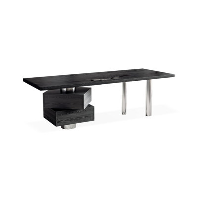 Black + Silver Rectangular Solid Wood + Stainless Steel with 2 drawers desk