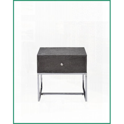 Table basse en chêne gris peu encombrant avec base chromée - tiroir doublé de feutre Dégagement de 14 po pour les petits espaces