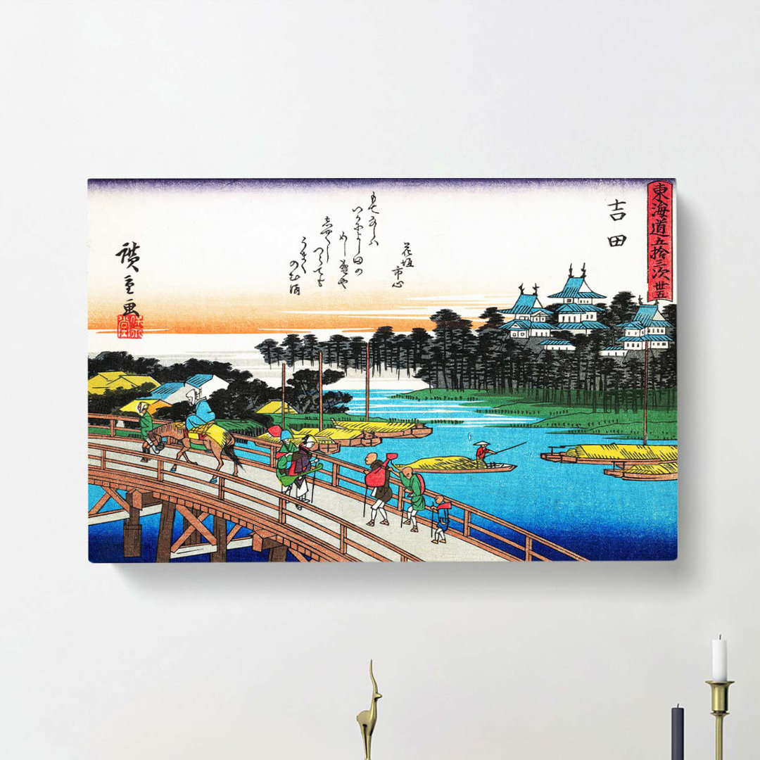 Walking over the Bridge by Utagawa Hiroshige - Wrapped Canvas