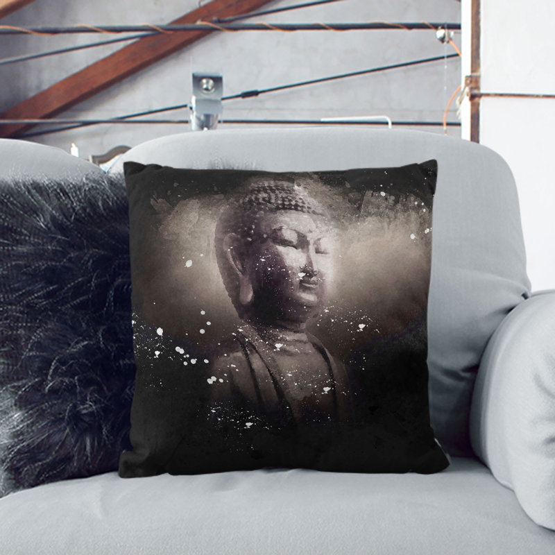 Buddha in a Mist Cushion with Filling, 40cm H x 40cm W x 15cm D, Black