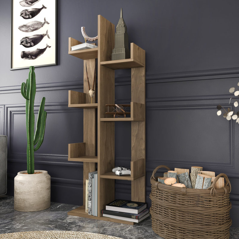 Modern Walnut Bookshelf, 68.1 x 8.7 x 68.1 inches | 100% Melamine Coated Particle Board, Thickness: 0.7 inches | Stylish Storage Solution for Living Room, Office & Study Spaces, Durable & Elegant Design