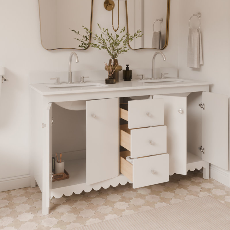 Meuble-lavabo festonné à double cuve 60 po - Blanc - Sans comptoir - Boutons en nickel brossé, Nickel brossé, Blanc
