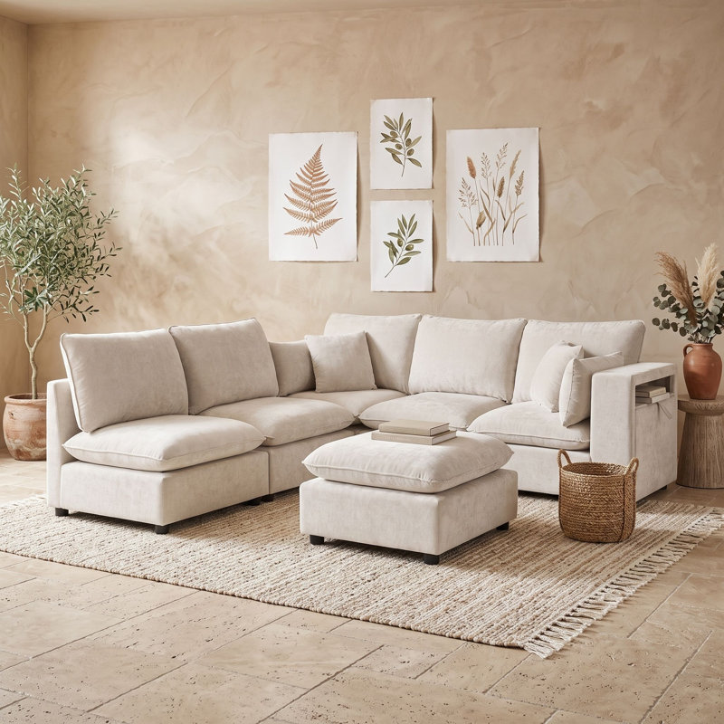 Canapé modulaire à 5 places avec repose-pieds, rangement et ports USB, Beige