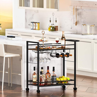 Bar Cart,Home Bar Serving Cart With Storage Shelves, 2 Tier Rolling Beverage Cart With Wheels, Modern Elegant White Wine Cart With Wine Rack And Glass by Latitude Run