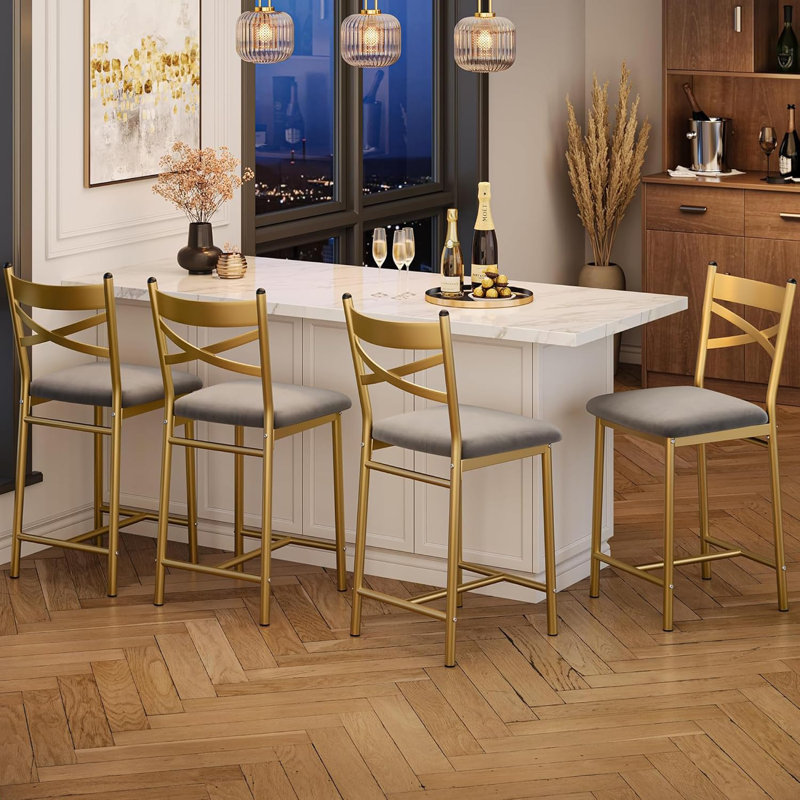 22" Counter Height Bar Stools Set of 4, PU Seat, Metal Frame, X-Back, Kitchen Island, Gold, Gray, 4, Gold