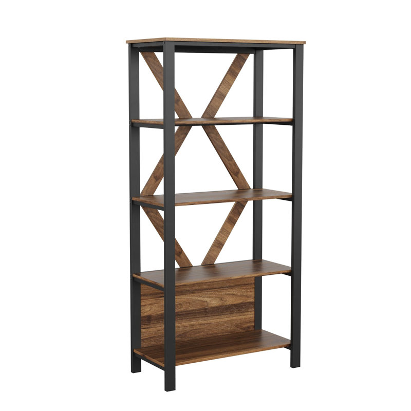 Bibliothèque à 5 niveaux avec lumières DEL, (5 tablettes) H 65,60 po x l 31,50 po x P 15,80 po, Brun rustique