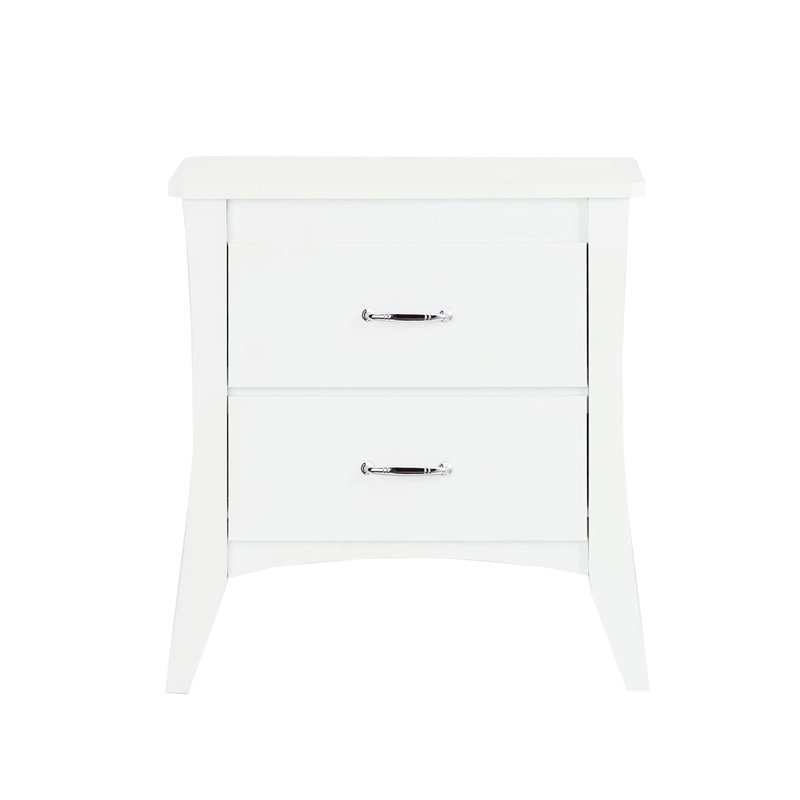 Table de chevet blanche avec deux tiroirs de taille et fonction à 2 pieds fuselés blancs