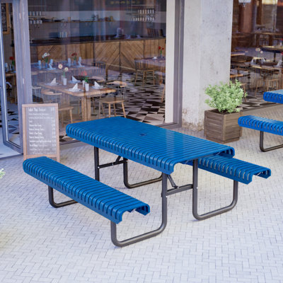 Table de jardin robuste en métal (183 x 185 x 79 cm) avec dessus en acier inoxydable et trou pour parasol, 6 places, qualité professionnelle, bleue.