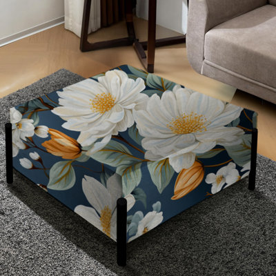Motif floral blanc et bleu - Grand repose-pieds carré floral
