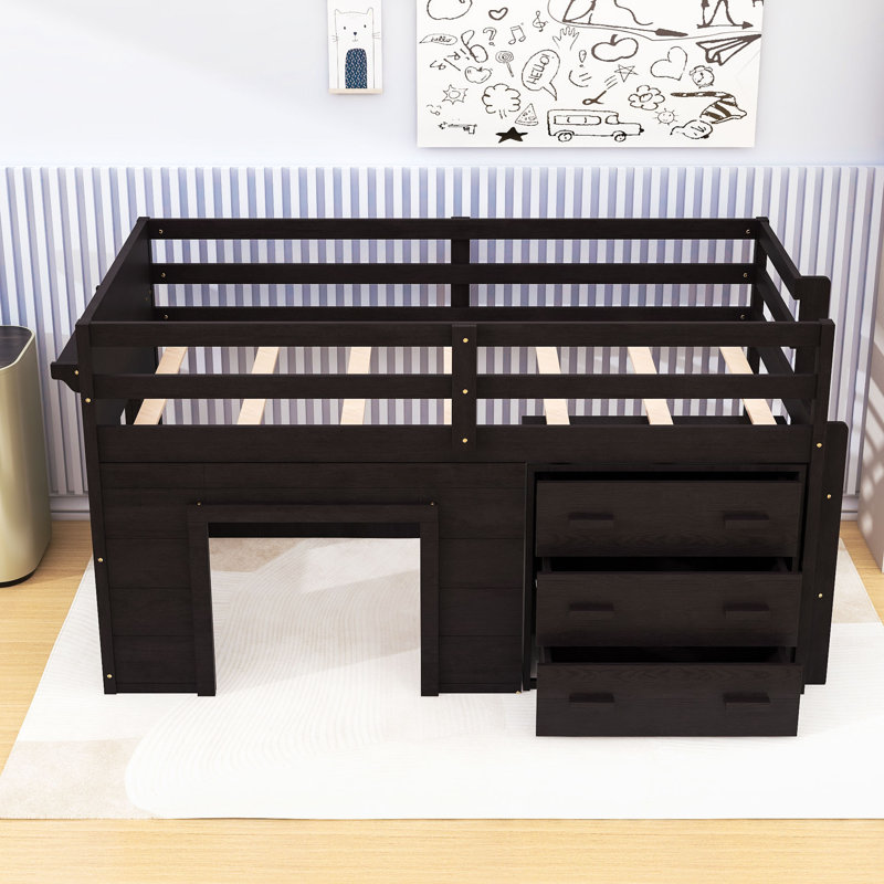 Lit mezzanine simple en bois avec tiroirs et tablette de rangement intégrés, Espresso