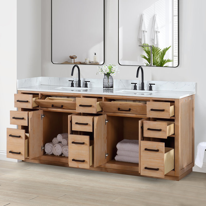 Meuble-lavabo double Gavino 84 avec comptoir, Marron clair