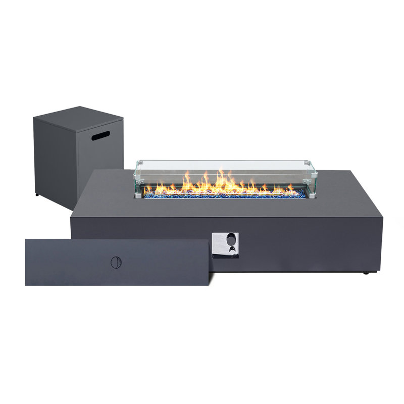 56-Inch Rectangle Iron Gas Fire Pit Table, Includes Tank Cover and Wind Guard, Gray