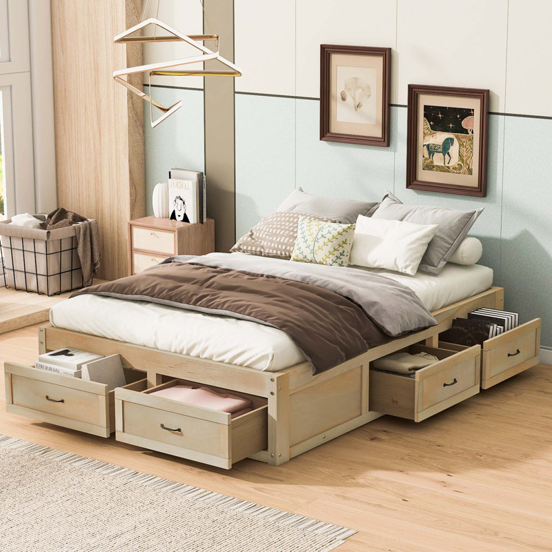 Lit plateforme double avec tiroirs de rangement spacieux, Antique Natural