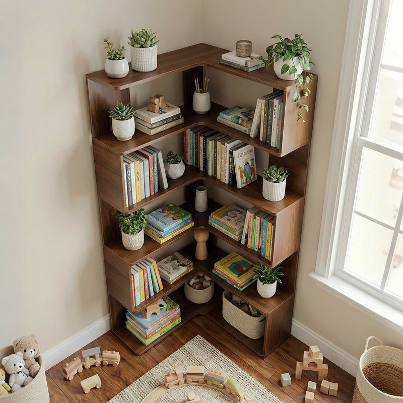Bibliothèque d'angle à 6 niveaux, bibliothèque en L de 66 po de hauteur avec chicane, tablette d'angle autoportante, bibliothèque en bois avec tablettes ouvertes pour le salon, la chambre à coucher, le bureau personnel, noyer