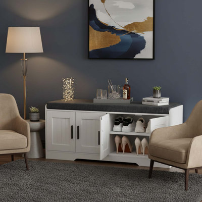 Banc de rangement à 2 niveaux 45,3 po avec coussin de siège rembourré, étagère à chaussures 4 portes avec tablette réglable