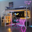 Lit mezzanine simple en métal avec poste de travail intégré, garde-robe, escalier de rangement et DEL, blanc