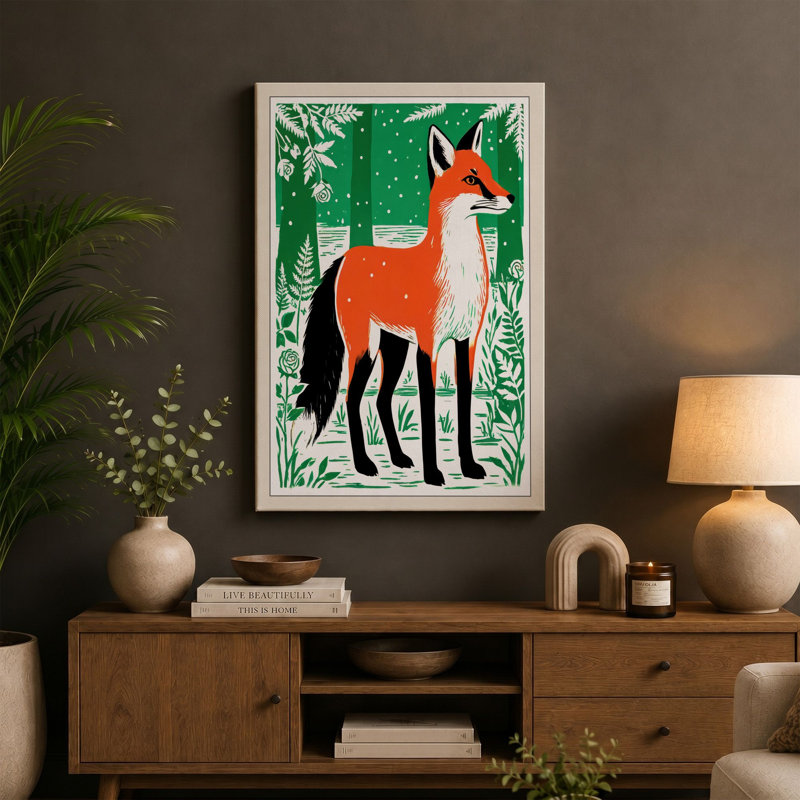 Winter Fox In Green Botanical - Print, 30x20 - 76.2 x 50.8 cm, Cream Border