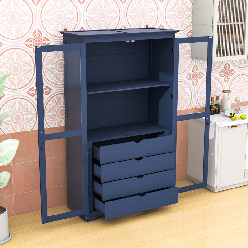 4 Drawers Kitchen Pantry Cabinet with Shelf and Glass Doors, Blue