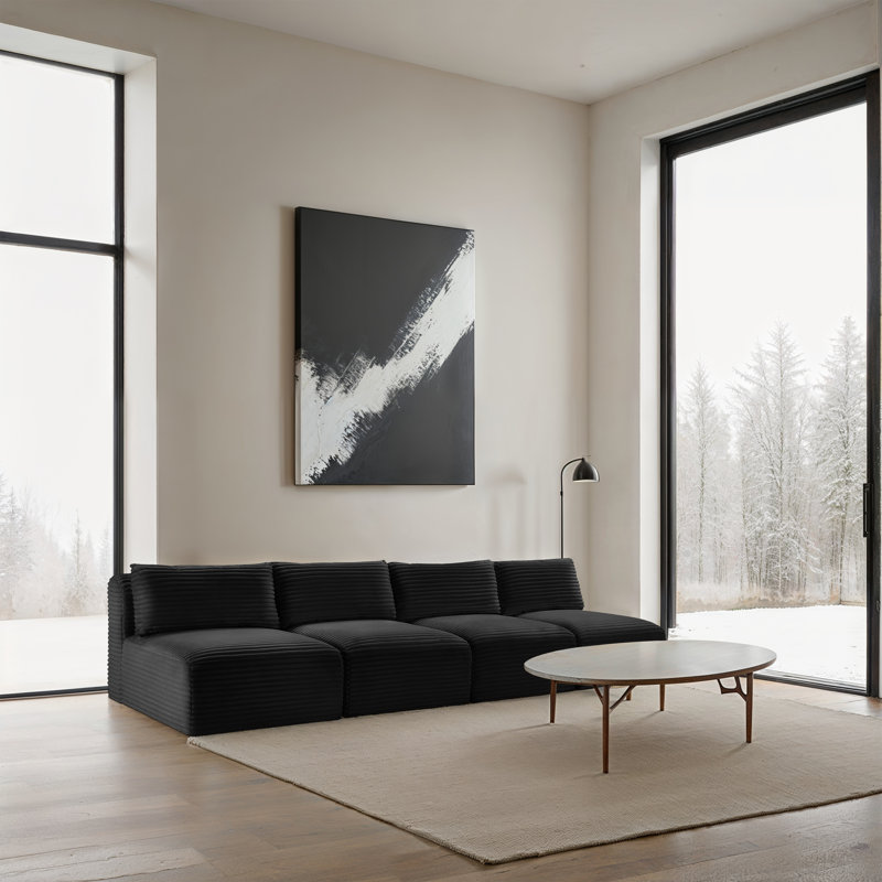Canapé Carmean, Tissu velours côtelé texturé noir, 4 sans accoudoirs