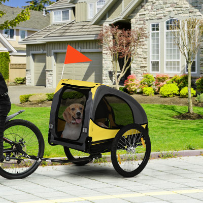 Medium Dog Bike Trailer - Pet Travel Solution. Steel Construction, Reflectors. Flagged For Visibility. Yellow Carrier Wagon Dogs With Solid Build & Flag
