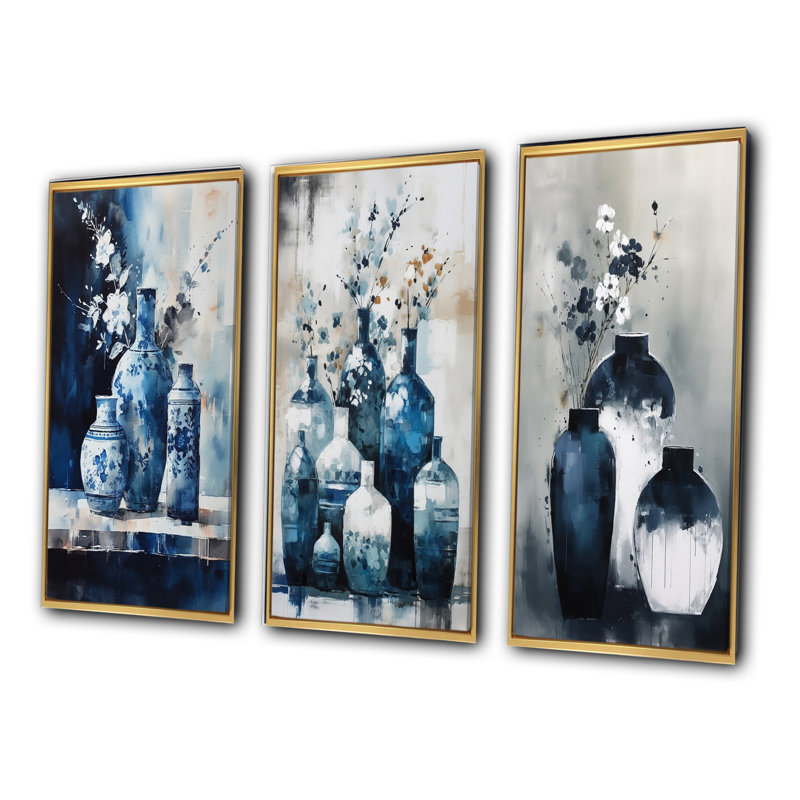 «Blue And Cream Bohemian Vibes Pottery», 3 pièces sur toile, Cadre flottant doré, H 28 po x l 36 po