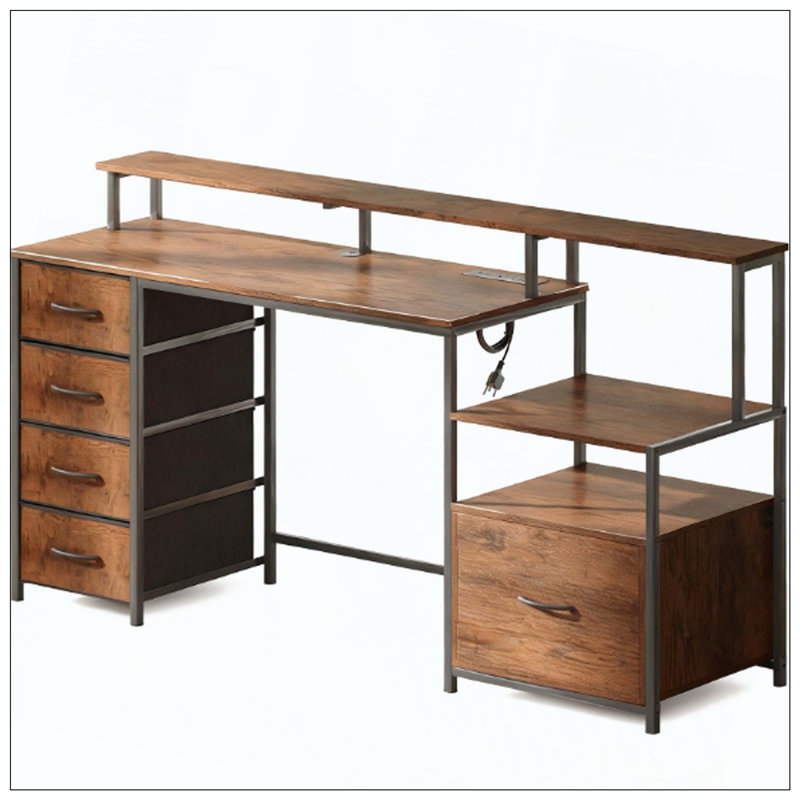 Computer Desk With Power Outlets, LED Lights, File Cabinet, And Fabric Drawers For Home Office | Gift Idea