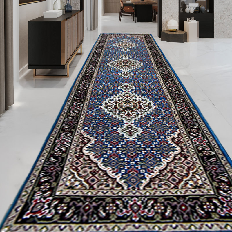 Wool Oriental Area Rug in Blue/Black/White, Runner 2'6" x 10'