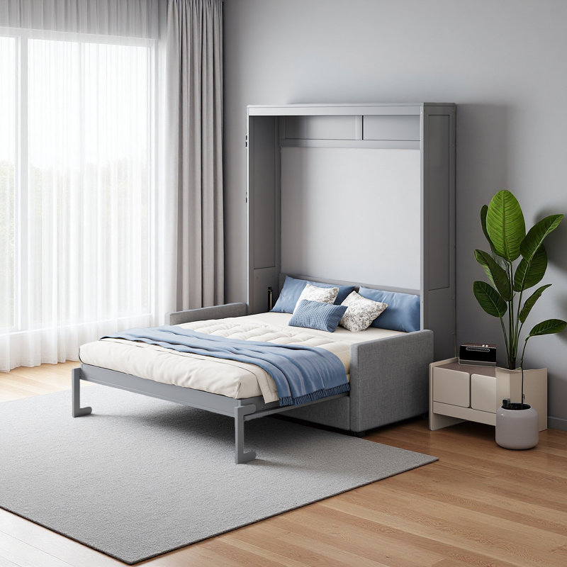 Lit escamotable double pleine grandeur avec coussin, Gris
