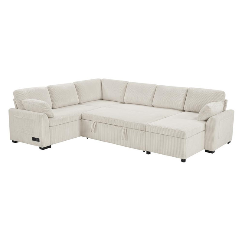 U-shaped Sectional Sofa with Storage Pockets, Convertible Sofa Bed, Corduroy - Beige