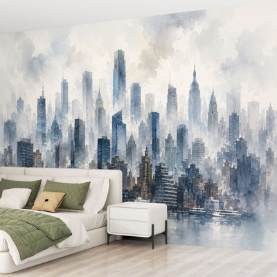 Papier peint adhésif autocollant, paysage urbain brumeux, aquarelle, gratte-ciel, reflets, autocollant, papier contact amovible pour décoration de salon, chambre H 69 po x l 96 po