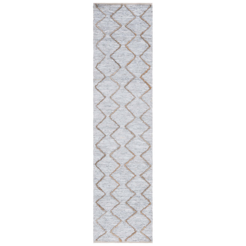 Tapis géométrique Imauri en cuir tissé à la main / en jute / en coton gris clair / naturel, Tapis de couloir 2 pi 3 po x 9 pi