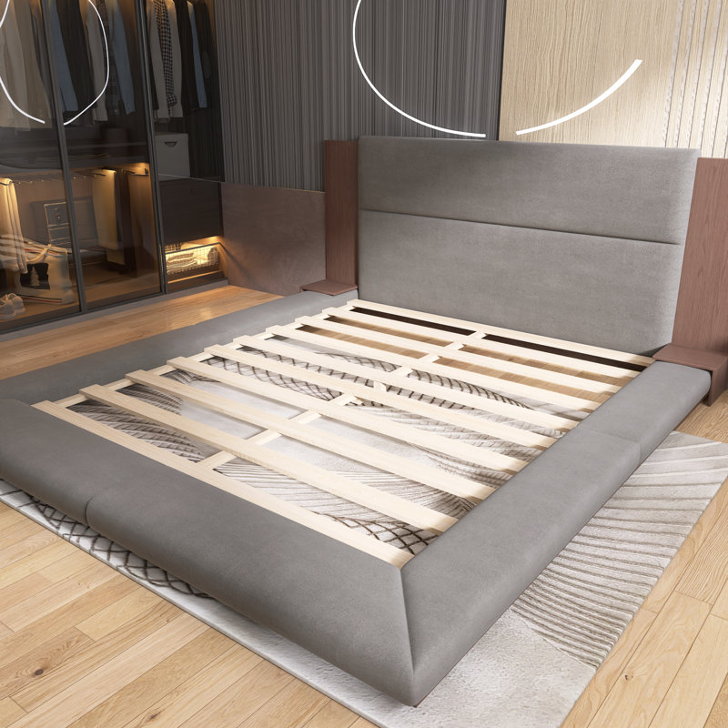 King Size Grey Upholstered Platform Bed With Extended Wood Headboard And Built-In Bedside Shelf