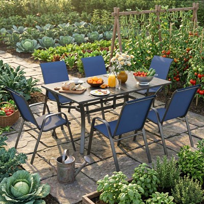 7-Piece Outdoor Patio Dining Set, Rectangular Wood-Grain Metal Table W/ Umbrella Hole + 6 Ergonomic Chairs, Rustproof Metal Frame