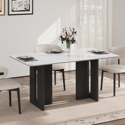 55'' White Sintered Stone Dining Table for 4, Rectangle Dining Table with Double  Black Legs Modern Kitchen Table