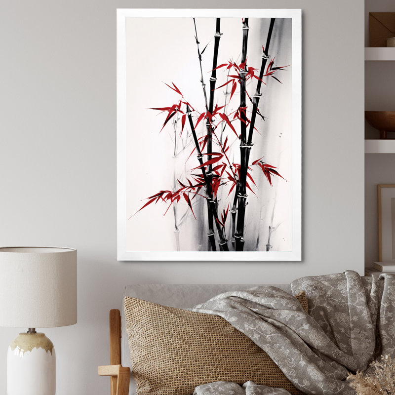 Japon, bambou rouge et gris II sur toile, H 20 po x l 12 po x P 1 po, Cadre simple blanc