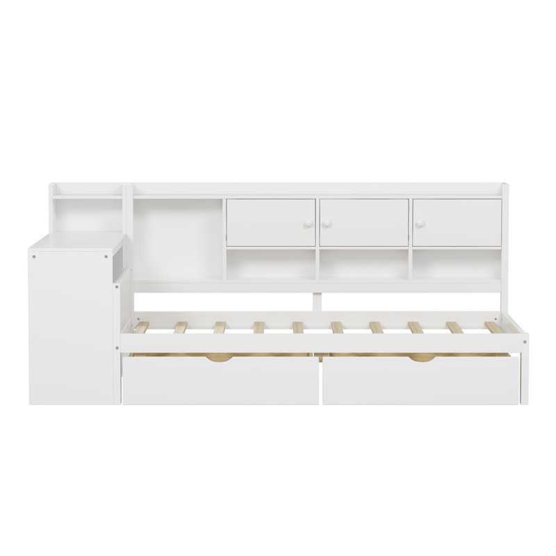  Wooden L-Shape Daybed with Seven Storage Cabinets and Two Storage Compartments, Multi-functional Bed with Study Desk and Built-in Bookshelf, White