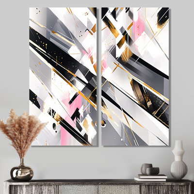 «Pink Grey Gray Symmetometric Abstract - Large Cubism Canvas Wall Art 2-Panels»