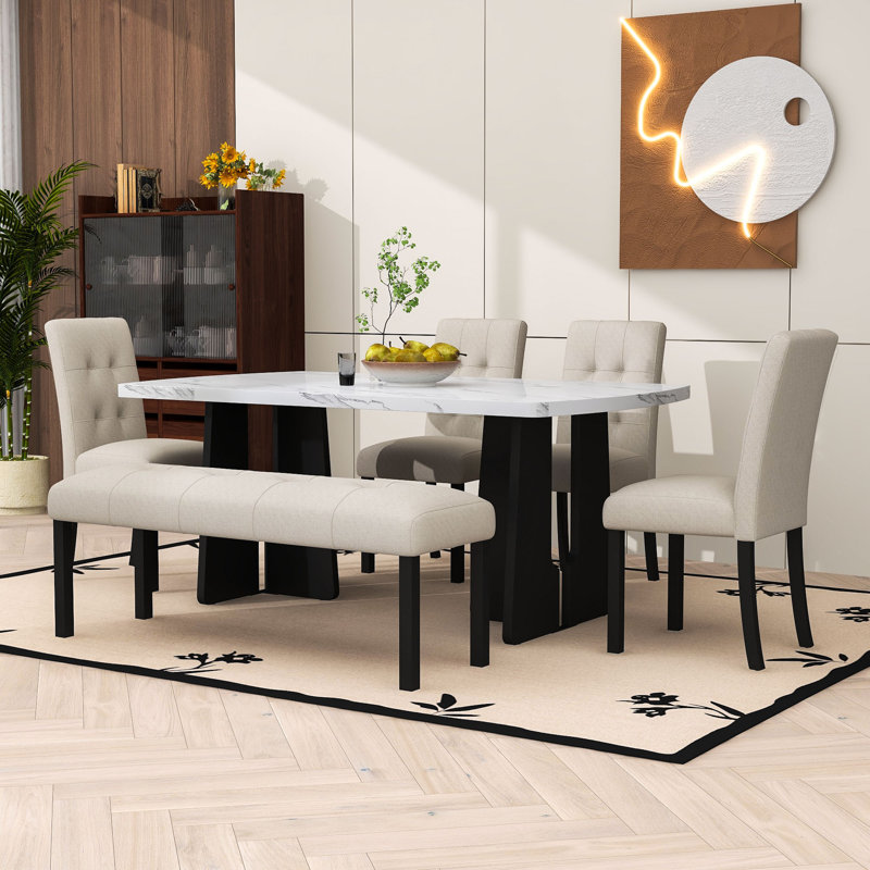 Ensemble de table de salle à manger 6 pièces, table de salle à manger en faux marbre avec pieds en bois d'hévéa, chaises rembourrées et banc