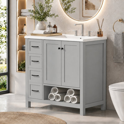 Meuble-lavabo simple 36 po avec lavabo en céramique Velmori, rangement coulissant et tablette ouverte