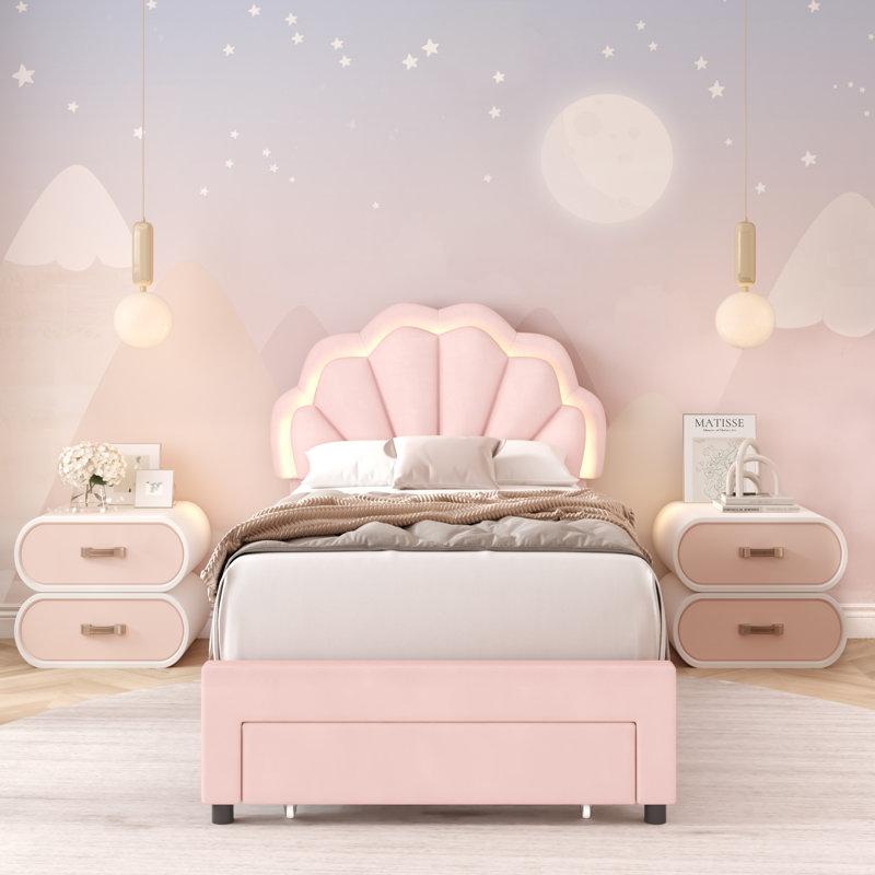 Burlyn Upholstered LED Bed Frame with Drawer & Adjustable Headboard, Pink, Twin