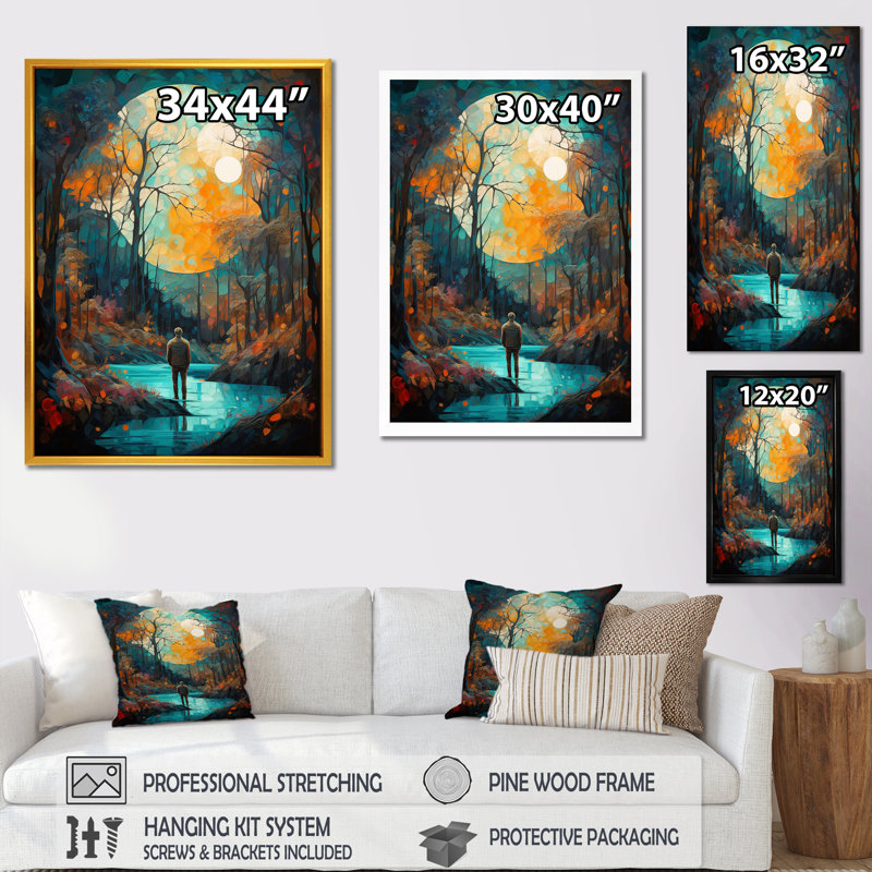 " Full Moon Magic Wandering In The Forest ", 32" H x 24" W x 1" D, Black Picture Framed