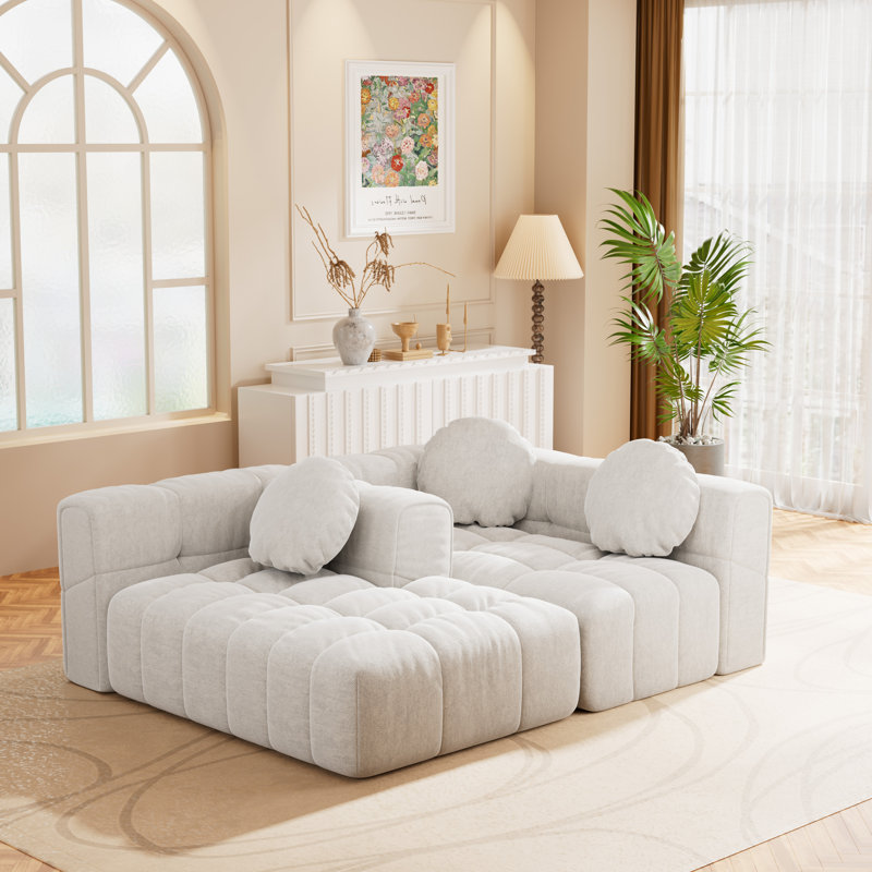 Fully Compressed Modular L-Shaped Sofa Set With Reversible Chaise & Tufted Back, Beige