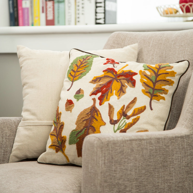 Beige and Brown Embroidered Linen Square Thanksgiving Throw Pillow Set