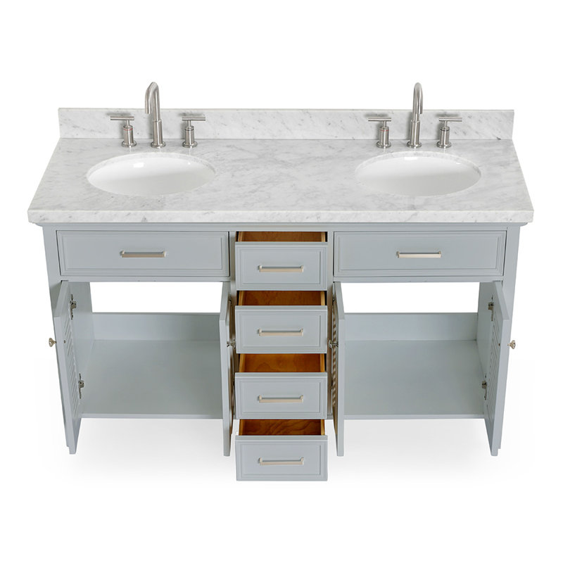 Kensington 61'' W Double Vanity, Oval, Gray, Carrara White Marble