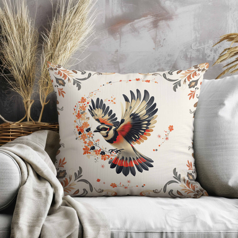 Oreiller Blaze Bird, Noir / rouge / orange, Carré 26 po