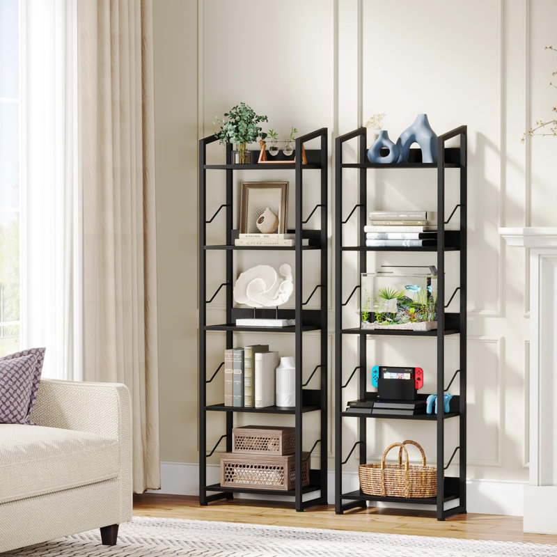 5 Tier Narrow Bookshelf Tall Bookcase With Edge Protection, Black