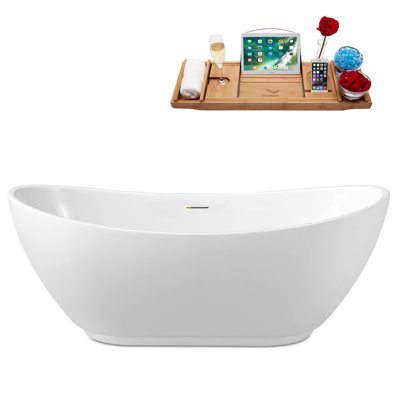 62'' Streamline Freestanding Soaking Acrylic Bathtub With Drain and Bamboo Tray